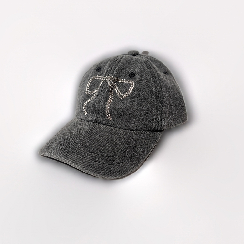 🎀 Gray Rhinestone Bow Baseball Cap | Adjustable Glam Hat